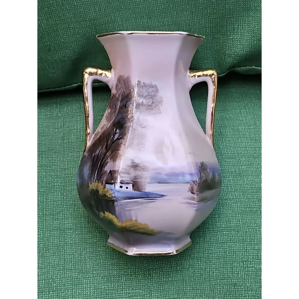 Nippon Noritake Morimura Hand Painted Vase HOUSE ON LAKE 6